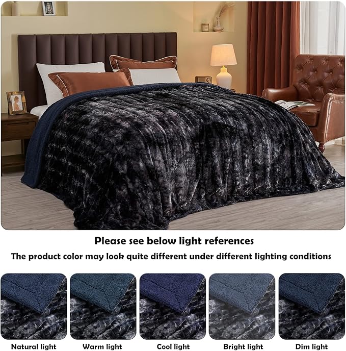NEWCOSPLAY Super Soft Faux Fur Blanket Queen Size Tie-dye Black Sherpa Fuzzy Plush Warm Blanket for Sofa Bed (Tie-dye Black, Queen(90"x90"))
