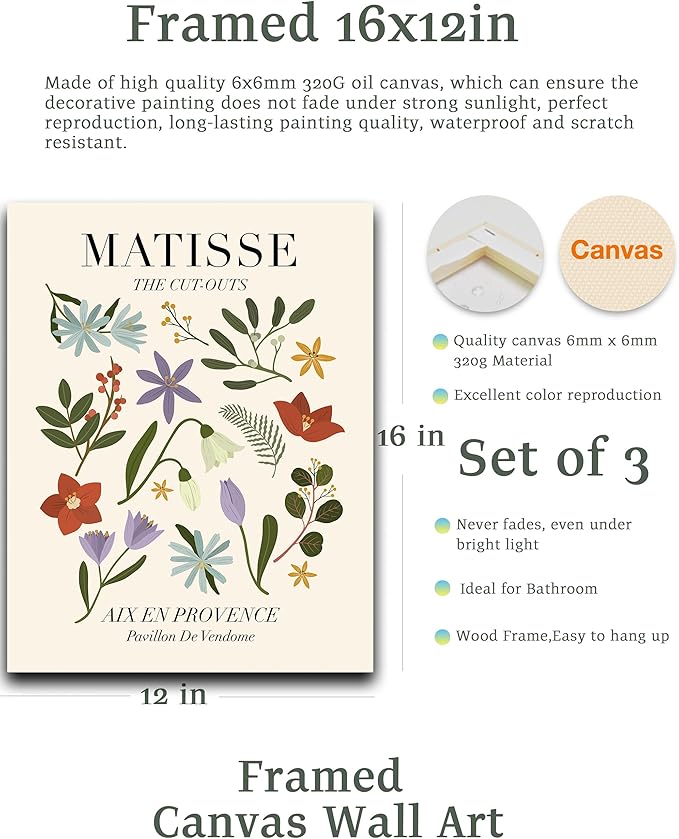 HesenDot Minimalist Framed Matisse Canvas Wall Art,Abstract Matisse Wall Decor,Quality Canvas Prints for 12x16IN,Art Posters Decoration for Bathroom,Living Room,Bedroom Set of 3
