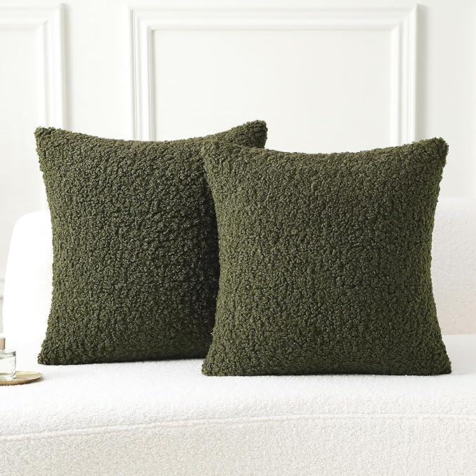 FUTEI Olive Green Throw Pillow Covers 18x18 Inch Set of 2,Furry Faux Fur Teddy Boucle Textured Cushion Covers,Soft Fluffy Decorative Pillow Case,Home Decor for Couch Bed Living Room Office Car
