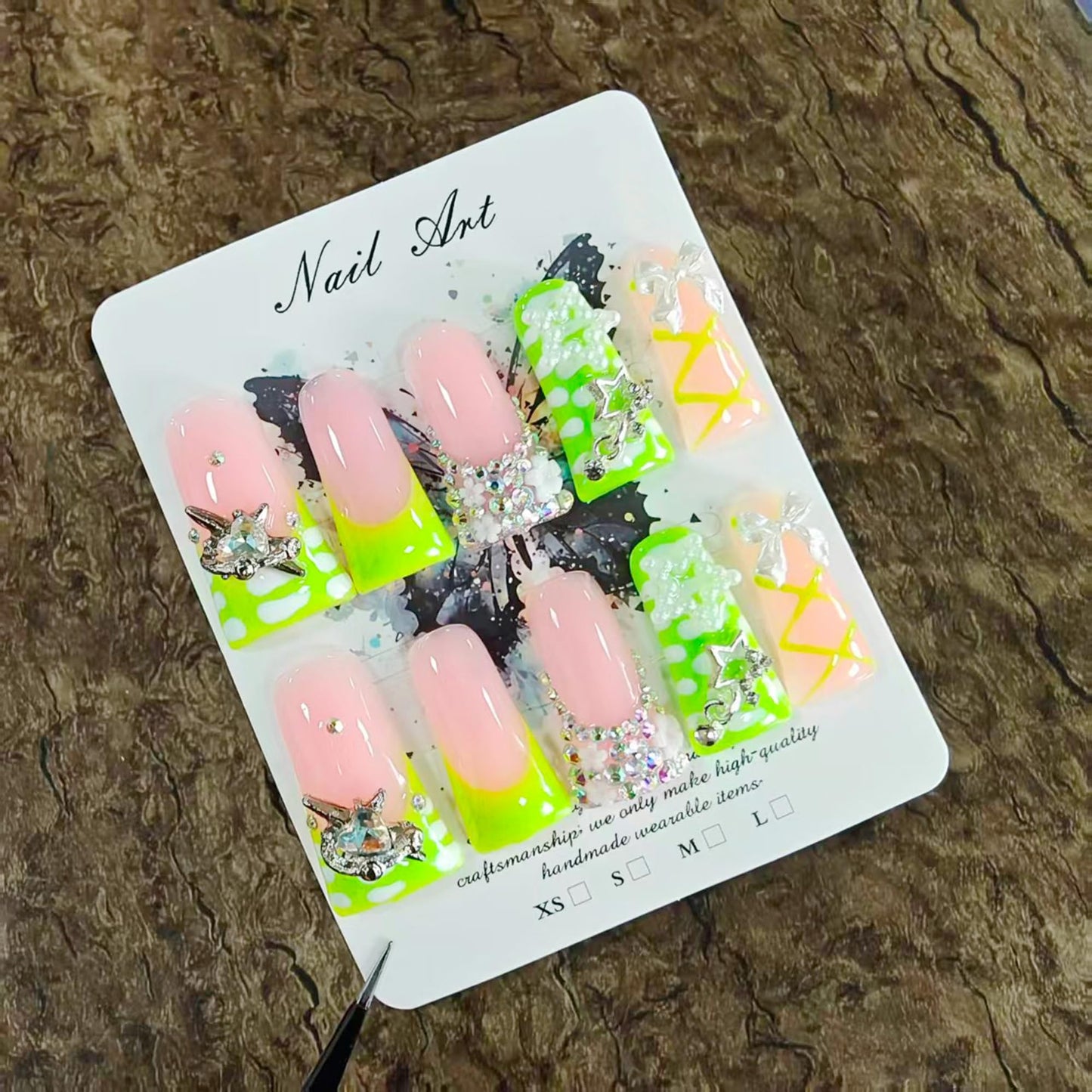 Luxury Press on Nails Long Duck Handmade Fake Nails Green French 3D Bow False Nails with Rhinestones Charms Designs Reusable Artificial Sparkly Acrylic Nails Press ons for Women 10Pcs (Size M)