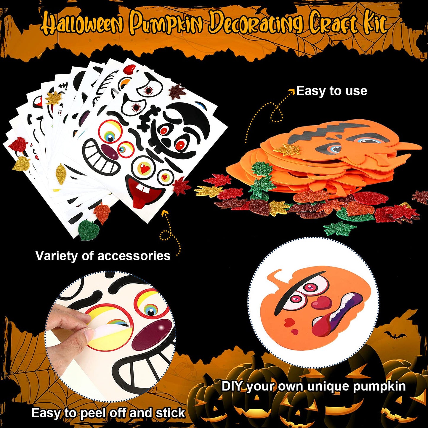 Outus 178 Pcs Halloween Pumpkin Stickers Craft Decorating Kit, 16 Foam Pumpkins 12 Decorating Stickers and 150 Glitter Maple Leaf for DIY Crafts Fall Thanksgiving Party Decorations