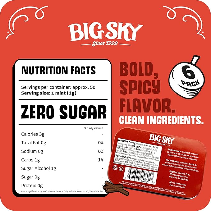 Big Sky Sugar Free Cinnamon Mint Candy, 50g Tin - 6 Count Display Tray
