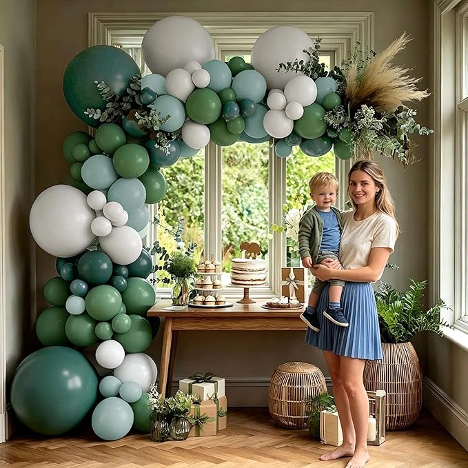 Dusty Blue & Sage Green Balloon Arch Kit, Double Stuffed – Slate Blue, Teal, Dusty Green & White Matte Latex Balloons for Baby Shower, Birthday & Wedding