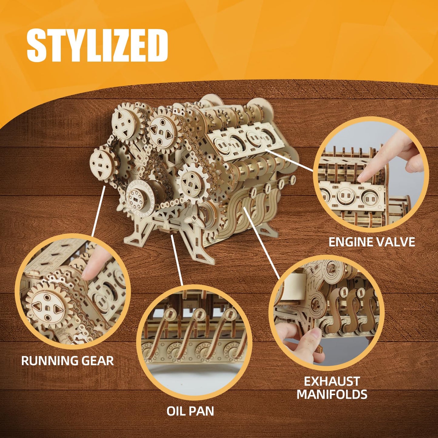 3D Puzzles for Adults - Wooden V8 Engine Model Kit, 3D Puzzle Model Engine Kit with Working Motor, DIY Kits Hobbies for Men for Men, Teen (591 Pcs)