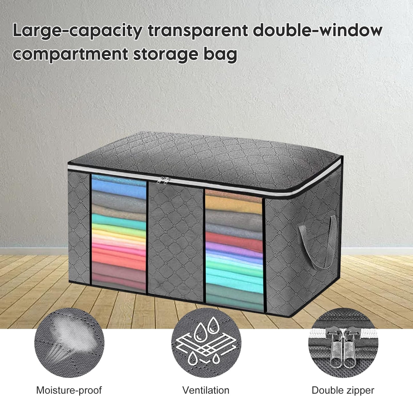 Large-capacity transparent double-window compartment clothing storage bag, foldable storage bag with zipper, suitable for organizing and storing clothes, quilts and pillows, 4-piece set (Black)