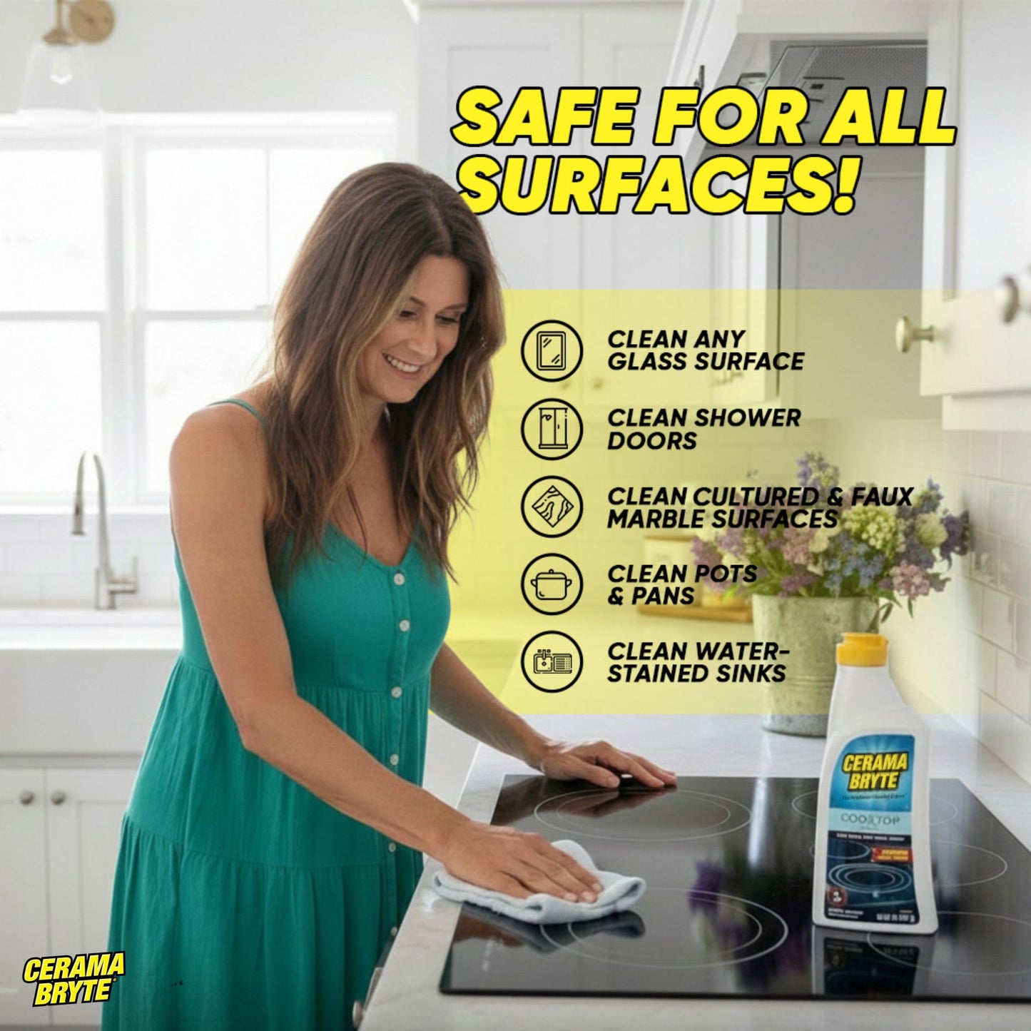 Cerama Bryte Glass Cooktop and Stove Top Cleaner Combo Kit - Includes Cleaning Tool, Razor, Scraper and 1 Pad to Remove Tough Stains - Use on Gas, Electric, Ceramic Surfaces, 18 Ounces, 4 Piece