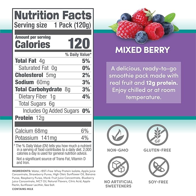 Designer Wellness Protein Smoothie, Real Fruit, 12g Protein, Low Carb, Zero Added Sugar, Gluten-Free, Non-GMO, No Artificial Colors or Flavors, Mixed Berry, 24 Count