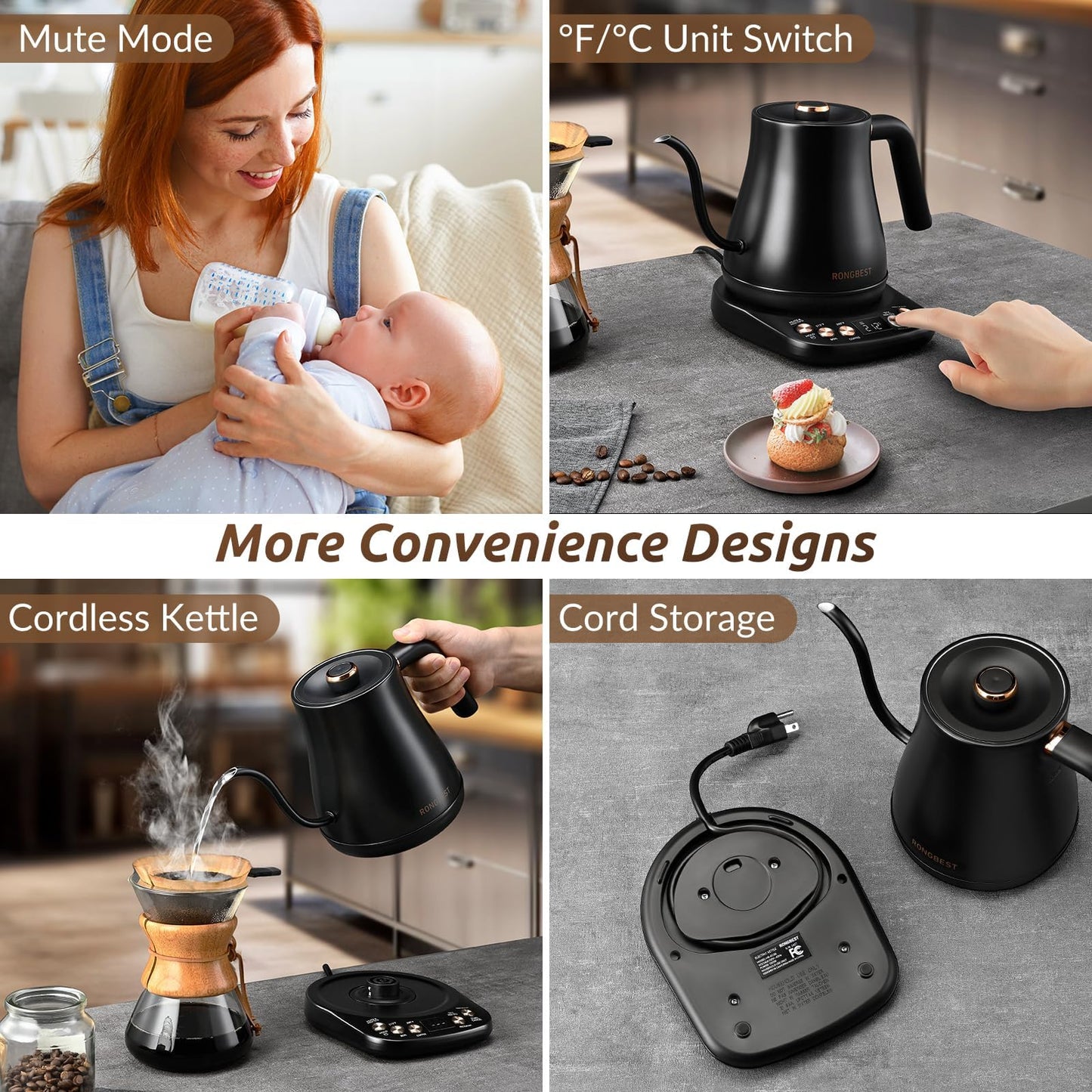 RONGBEST Electric Gooseneck Kettle 1L, 6 Temperature Control Presets, 1200W Quick Heating Water Pour Over Coffee & Tea Pot with Auto Shut-off & Keep-warm, Stainless Steel Inner & Lid, Matte Black