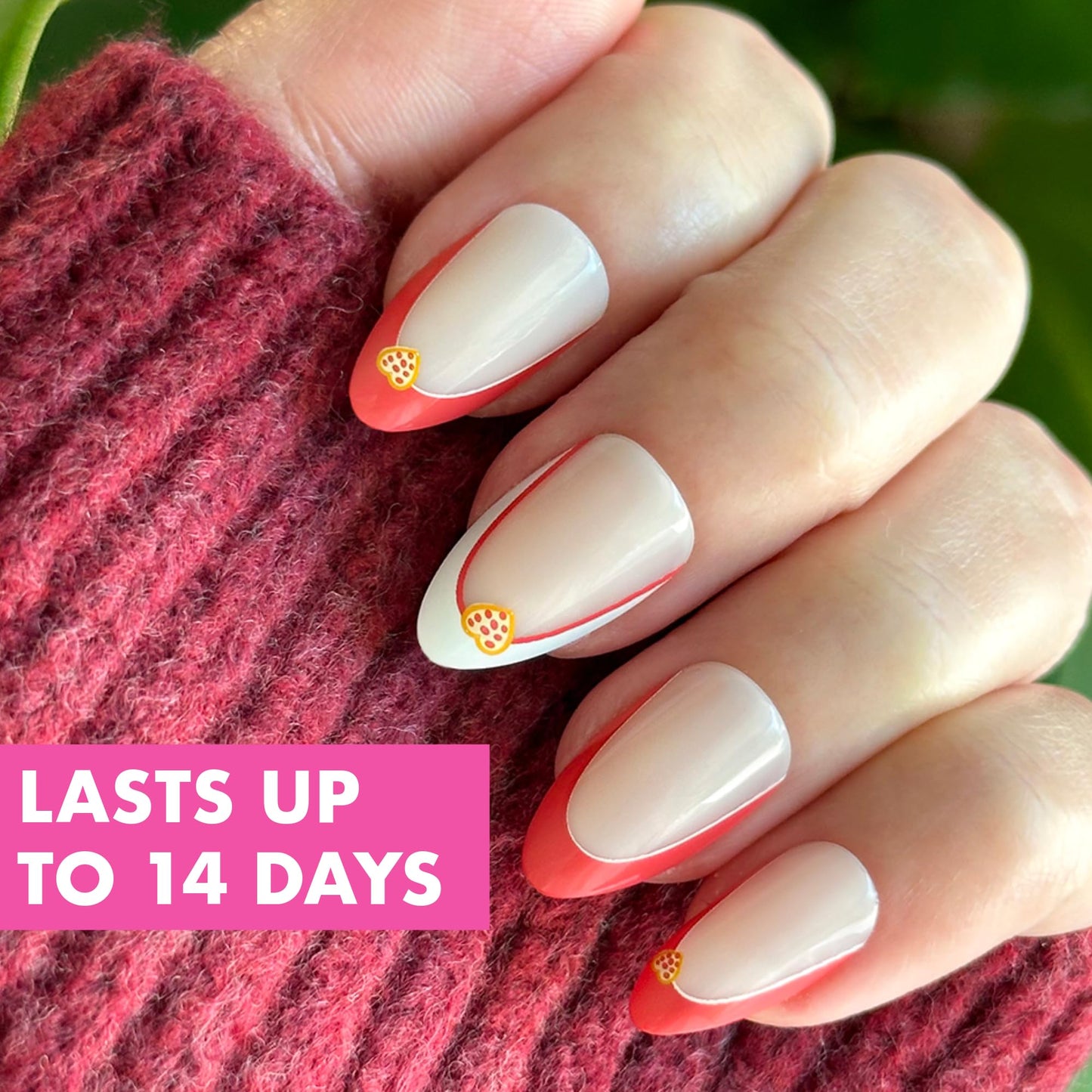Olive & June Instant Mani Press-On Nails (Glue) | 42 Fake Nails, 21 Sizes | Non-Toxic, Long-Lasting Recycled Materials Realistic Look | Salon-Quality at Home | Medium, Almond | I Heart Pizza French