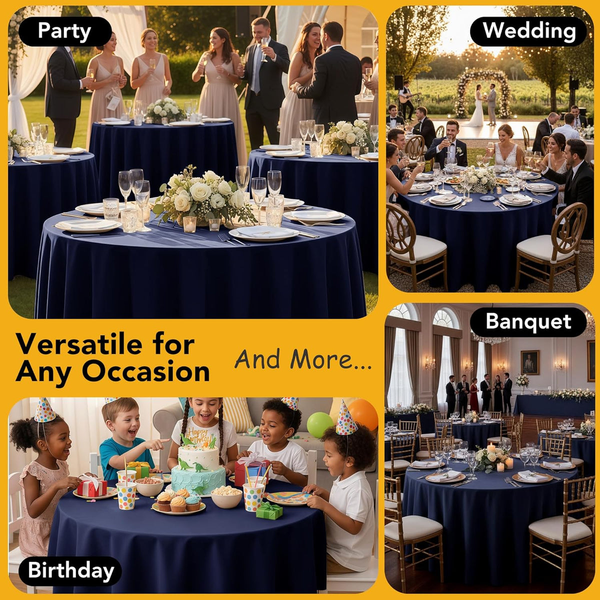 6-Pack Navy Blue Round Tablecloths, 120 Inches, Stain-Resistant Polyester for 5-6 Ft Round Tables - Washable Table Covers for Weddings, Banquets, Birthday Parties, Events