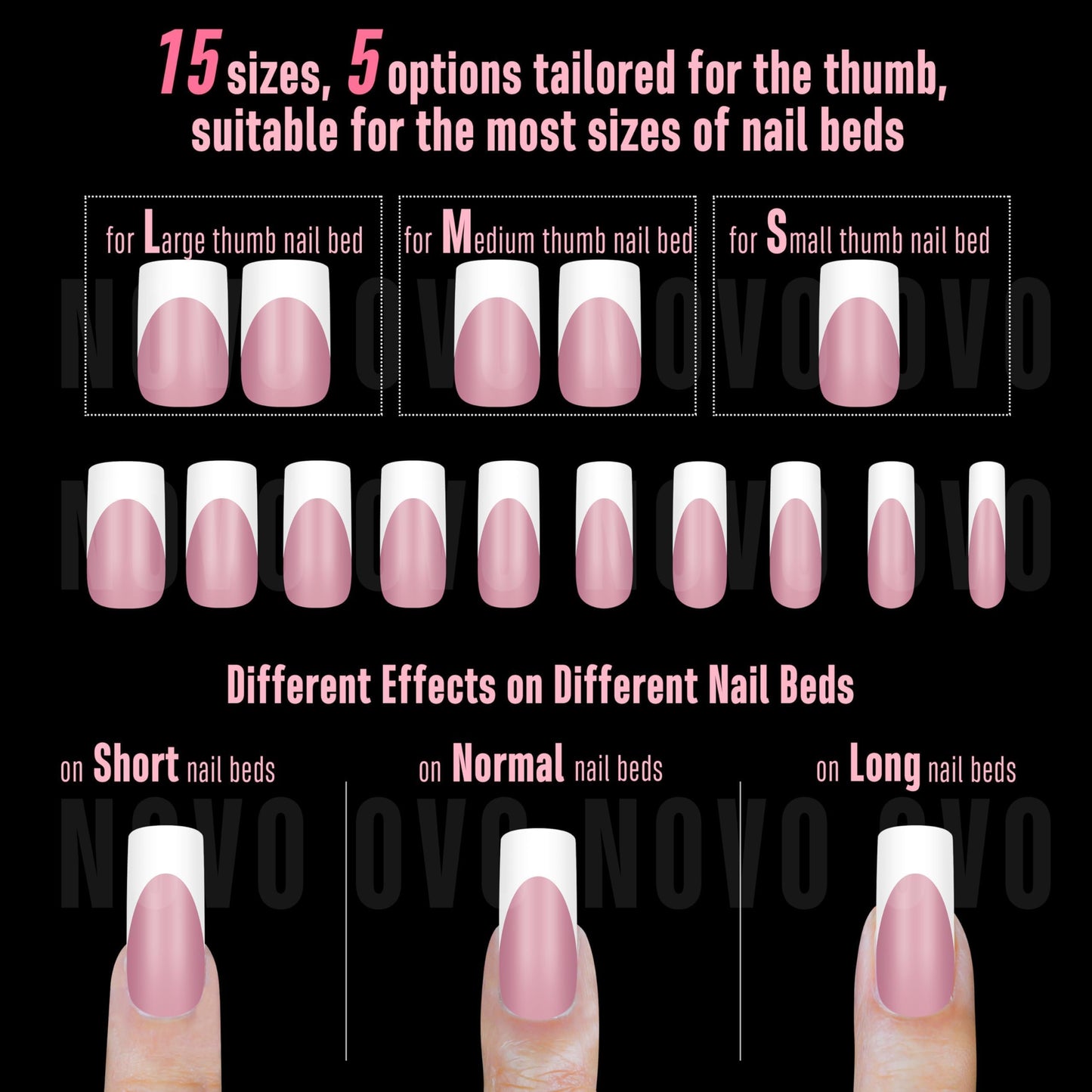 NOVO OVO Halloween Medium Slightly Curved White French Tip Nail Tips BERRY PINK Full Cover for Press on Acrylic, Extra Thick Soft Gel False Nails, Need Builder Gel Top Coat for DIY x 15 Sizes 240 pcs