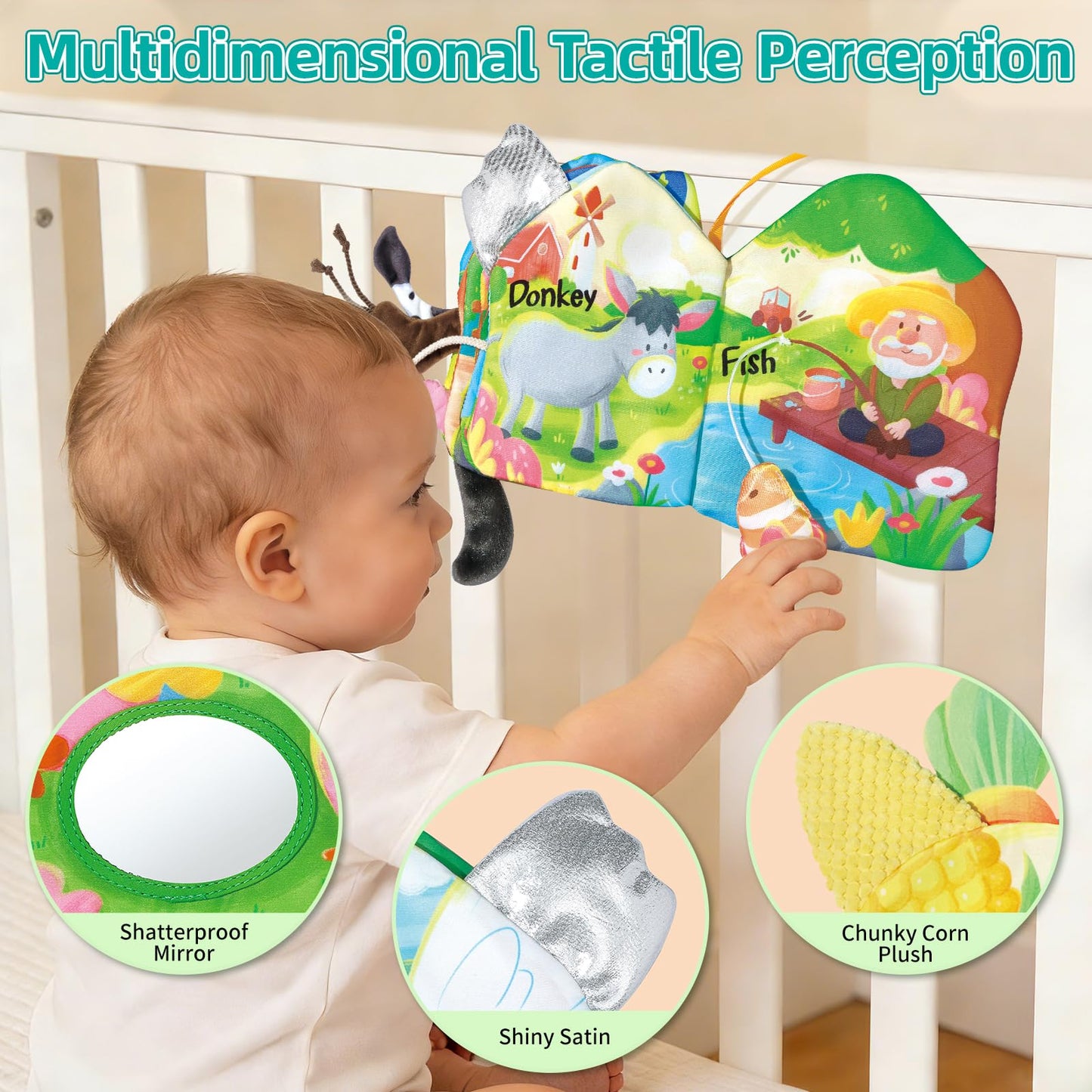 auby Baby Cloth Books - 3 Pack Soft Fabric Books for Babies with Crinkle Sound, Tactile Tails & Montessori Toys, Machine Washable