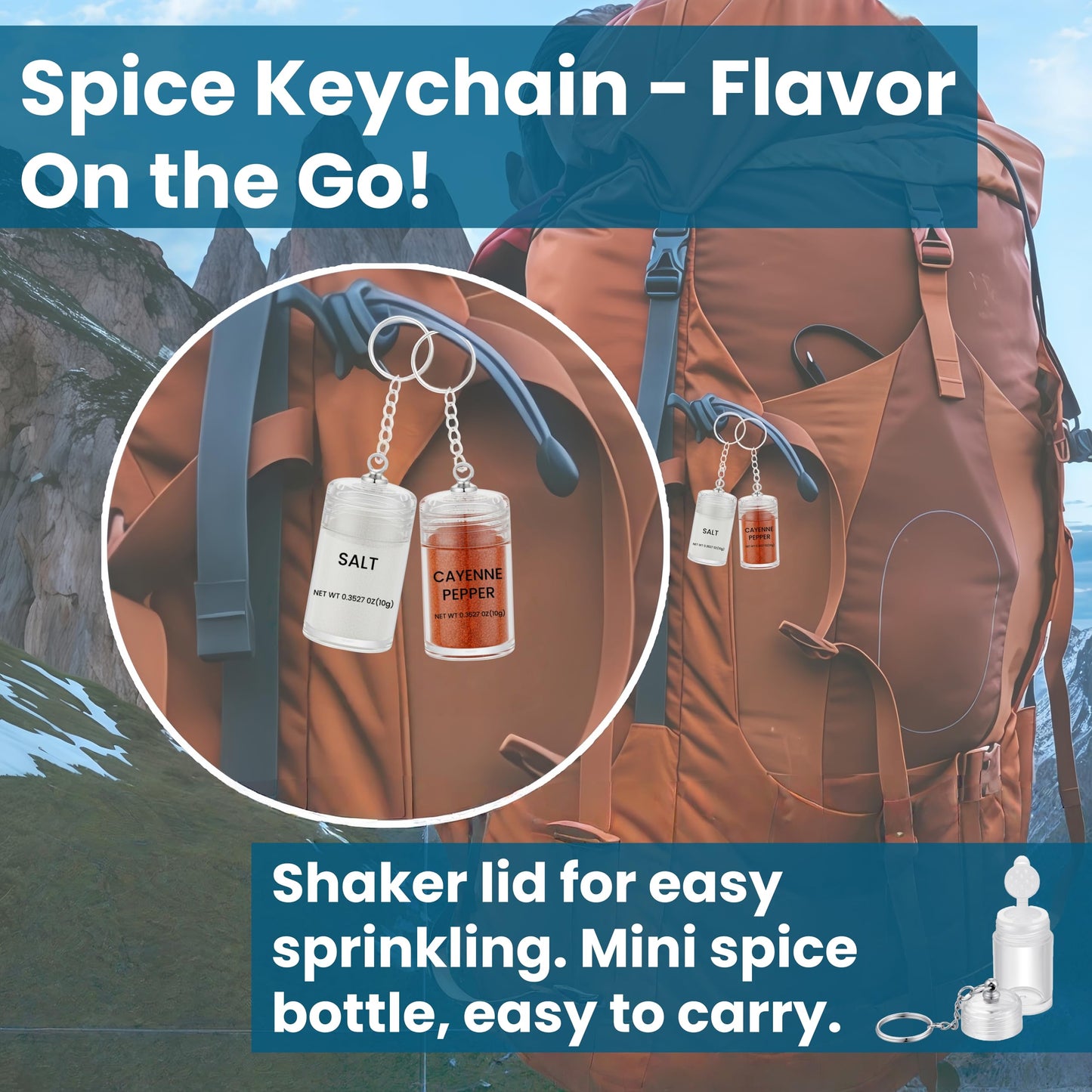 Mini Salt Keychain Bottle – Refillable AS Travel Salt Shaker – Portable Spice Jar with 2 Stickers – Small Key Chain Shaker for Camping, Office, Picnics, Lunchboxes