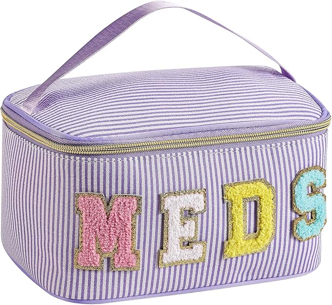 uekeboag Personalized Chenille Letter Seersucker MEDS Makeup Bag,Large Size Medicine RX Cosmetic Bag with Top Handle, First Aid Travel Organizer Bag for Women Girls(03Purple)
