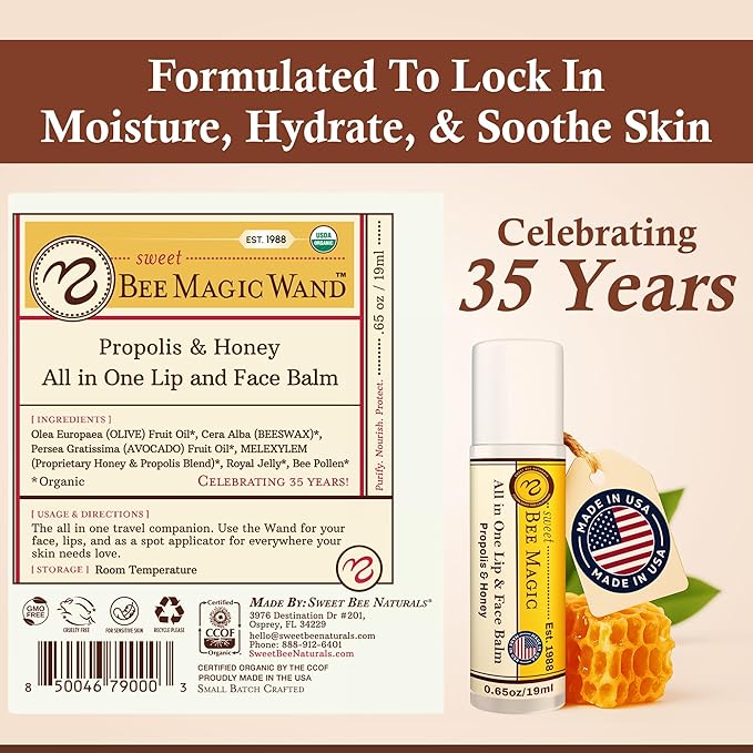 Organic Beeswax Lip Balm - Natural Chapstick for Dry Lips - Honey & Propolis Moisturizing Wand - Non Petroleum Lip Balm for Men & Women - Clean Lip Care for All Skin Types, Pack of 3