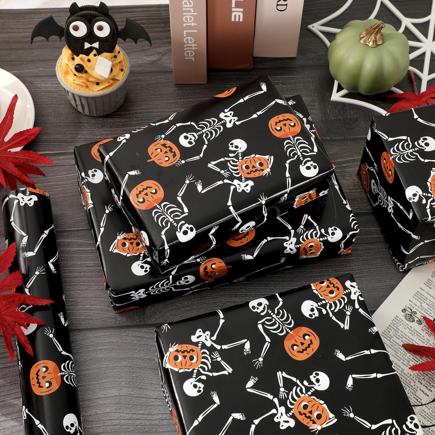 Whaline Halloween Wrapping Paper -Mini Roll- 17 Inch x 32.8Ft Black Dancing Skeleton Pumpkin Gift Wrap Paper Spooky Art Paper for Birthday DIY Crafts