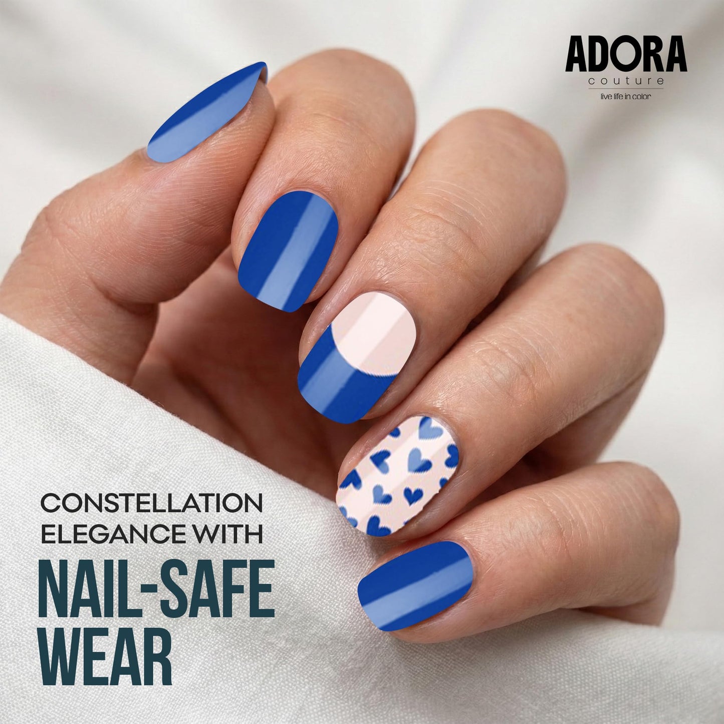 Adora Couture Semi Cured Gel Nail Strips with 30 Pieces - UV Gel Stickers, Manicure Kit, Easy Application Wraps Includes Prep Pads, Nail File, Wooden Stick - UV Light Required (Cobalt Canvas)