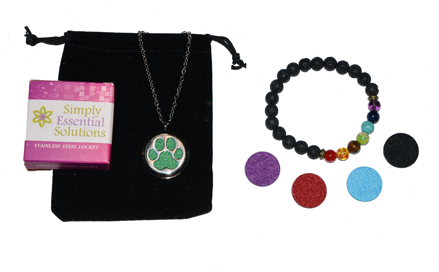 Aromatherapy Essential Oil Diffuser Stainless Steel 30MM Silver Magnetic Locket Pendant with Chain Necklace and Colored Refill Pads & Diffuser Bracelet All in a Velvet Bag (Dog Paw)