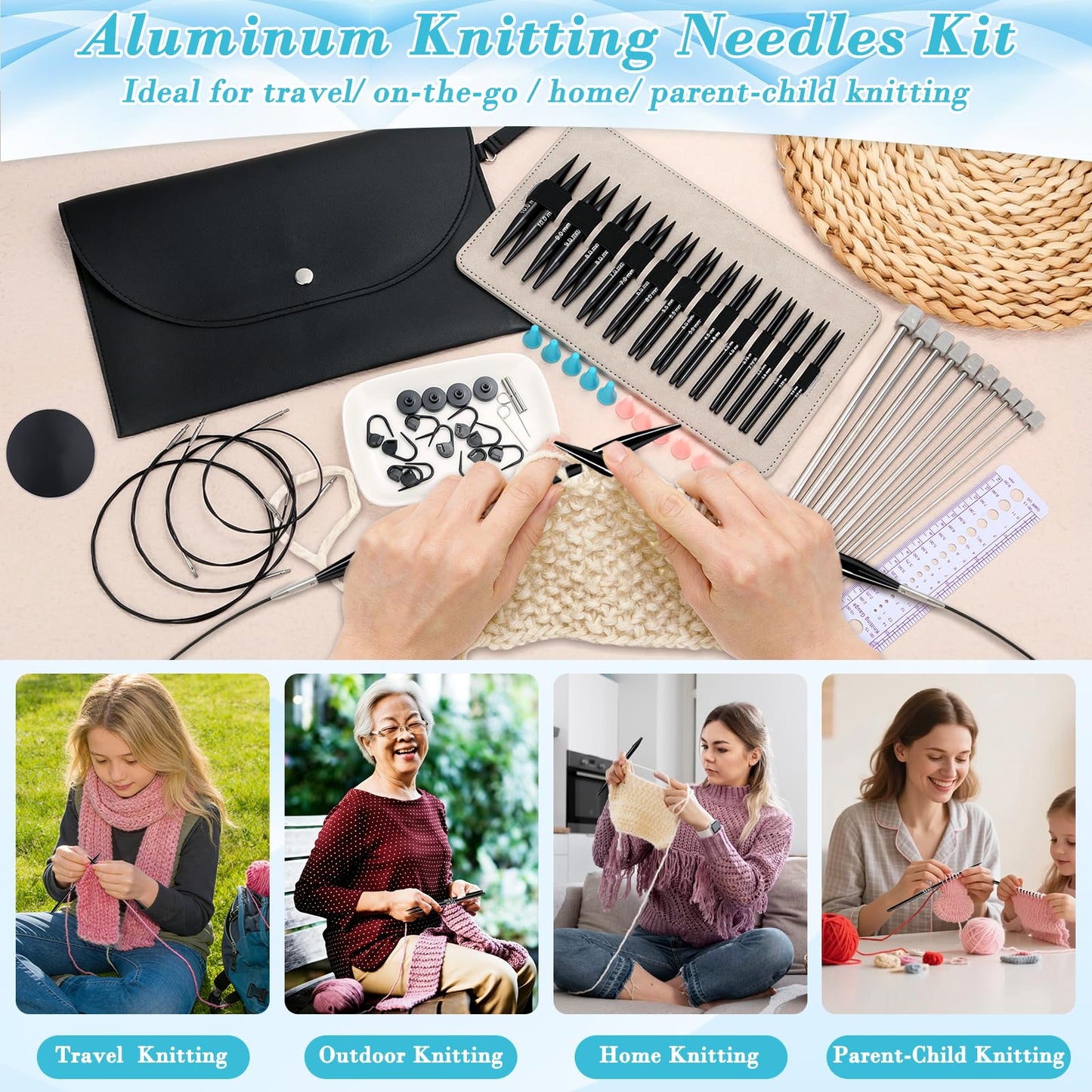 13 Pairs Interchangeable Knitting Needles Set with 4 Flexible Cables, Portable Circular Knitting Needles, 3-10 mm Smooth Aluminum Knitting Needle Kit for Beginner Projects Travel Home Knitting