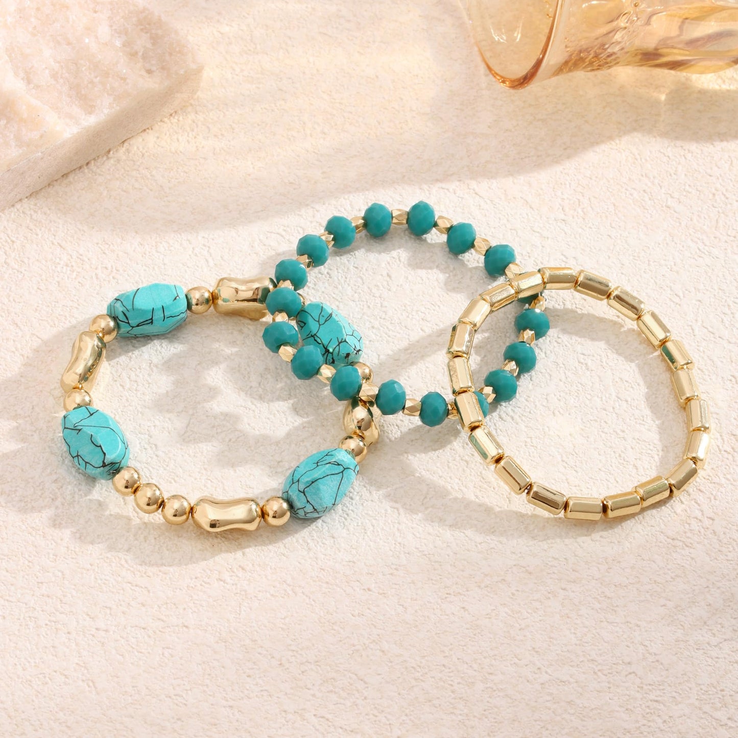 Aigrnc Boho Beaded Stretch Bracelets For Women Stackable Crystal Gold Plated Beaded Bracelets Set Trendy Handmade Friendship Braeclet Jewelry Gifts (L-Turquoise 3 pcs)