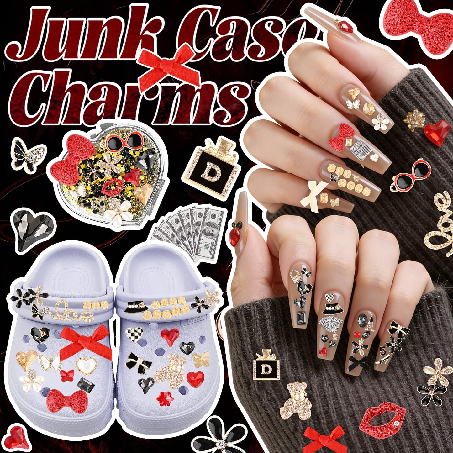 Prdingfy Red Junk Case Charms Kit, Black & Red DIY Phone Case Decorations with Rhinestones, Letter Beads, Mirror & Tools for Customizing Bling Junk Phone Cases & Personalized Gifts