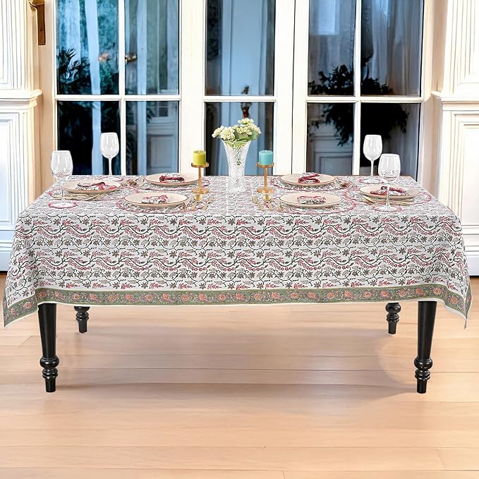 Ridhi Hand Block Print Coral Pink Rectangle Cotton Tablecloth 108" x 60" Reusable Table Cover Decorative Everyday Use for Dining, Farmhouse, Home Gift for Spring, Easter, Valentine