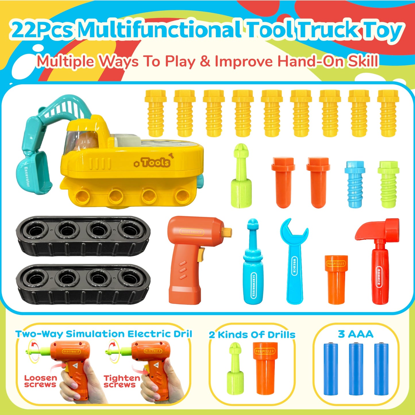 Lechonix Toddler Tool Set—Excavator Take Apart Toys with Electric Drill & Screwdriver & Wrench, Montessori STEM Learning Pretend Construction Toy for 1-6 Years Old Kids Birthday Gift, Musical & Light