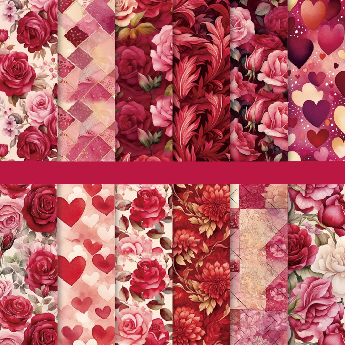Heart & Rose Scrapbook Paper 6x6, 48 Sheets /12 Designs Romantic Heart Pattern Scrapbook Paper, Single-Sided Craft Paper for Valentines Craft Supplies Card Making Scrapbook