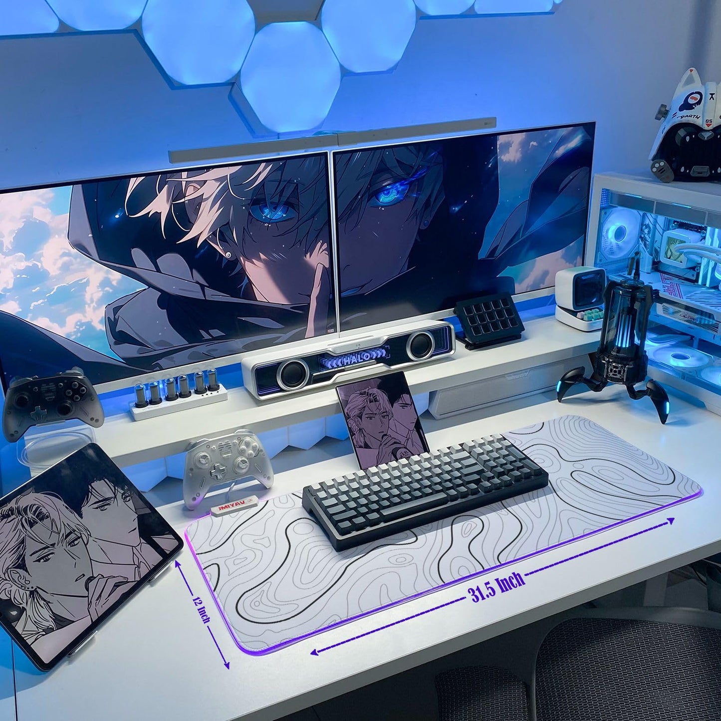 JMIYAV Gaming Mouse Pad RGB Mousepad Non-Slip Rubber Base Extra Large Cool XL XXL Computer Desk Pad Gaming Accessories Setup LED Light Up Big Mouse Pad for Gamer White Topographic (31.5x12In)