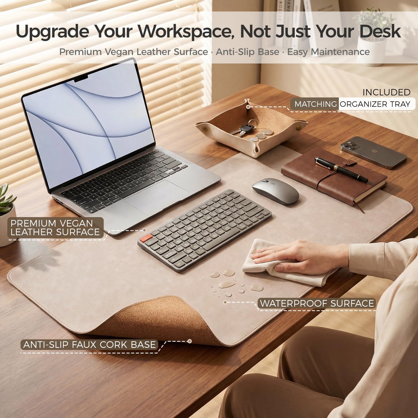 Premium Faux Leather Desk Mat & Tray Set，Innovative Cork-Look Printed Base，Gift Tube Packaging，Full-Desk Coverage，Non-Slip Desk Pad for Office Home（Warm Beige）