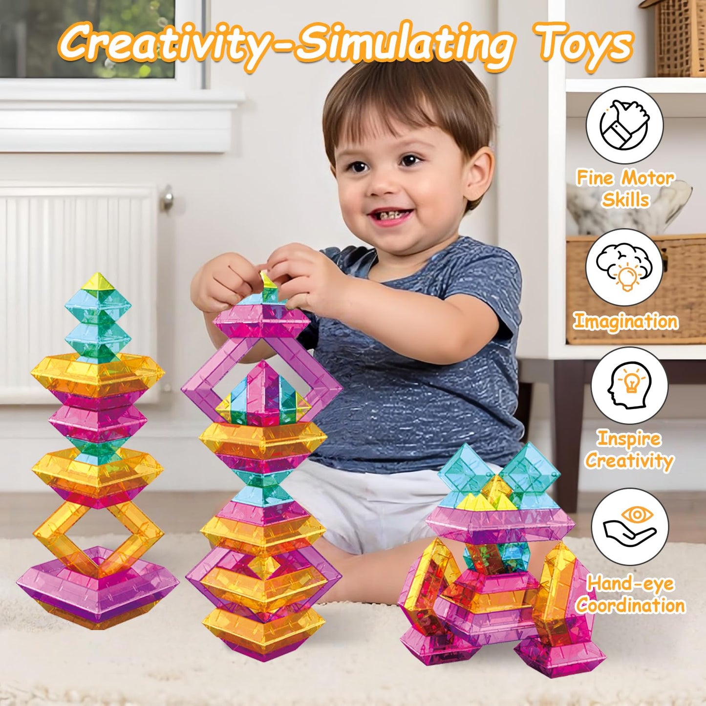 TEANXU 48 PCS Building Blocks Set for Kids, STEM Preschool Learning Stacking Toys for Toddlers Ages 3 4 5 6 - Pyramid Stacking Blocks with Storage Bag - Light Table Compatible