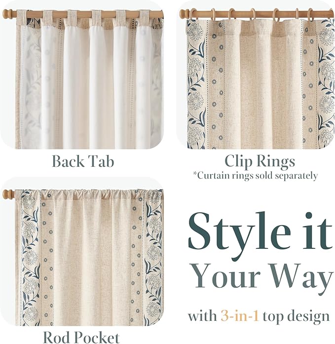 jinchan Winslow Lined Linen Curtains for Bedroom 84 Inches Linen Blended Embroidered Bordered Floral Curtains for Living Room Farmhouse Decor Window Treatments Blue on Beige Drapes 2 Panels