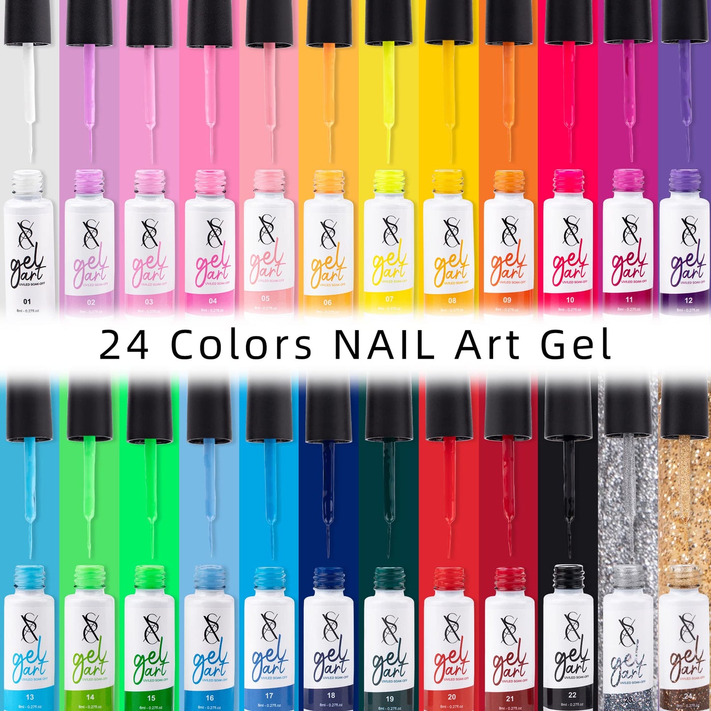 SXC Cosmetics 24-Color Gel Liner Set for Nail Art - With Built-in Thin Brush for Swirl Nail Designs and Soak-Off Gel Polish