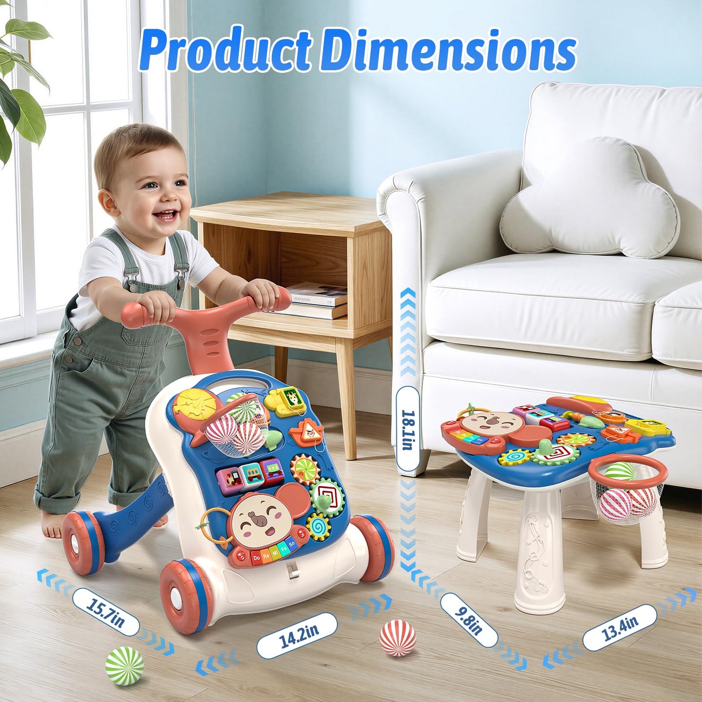 QDRAGON 3 in 1 Baby Walker and Activity Center for Boy, Learning to Walk, Sit to Stand, Early Educational Push Toys with Music Panel for Infant Toddler 12-18 Months Blue