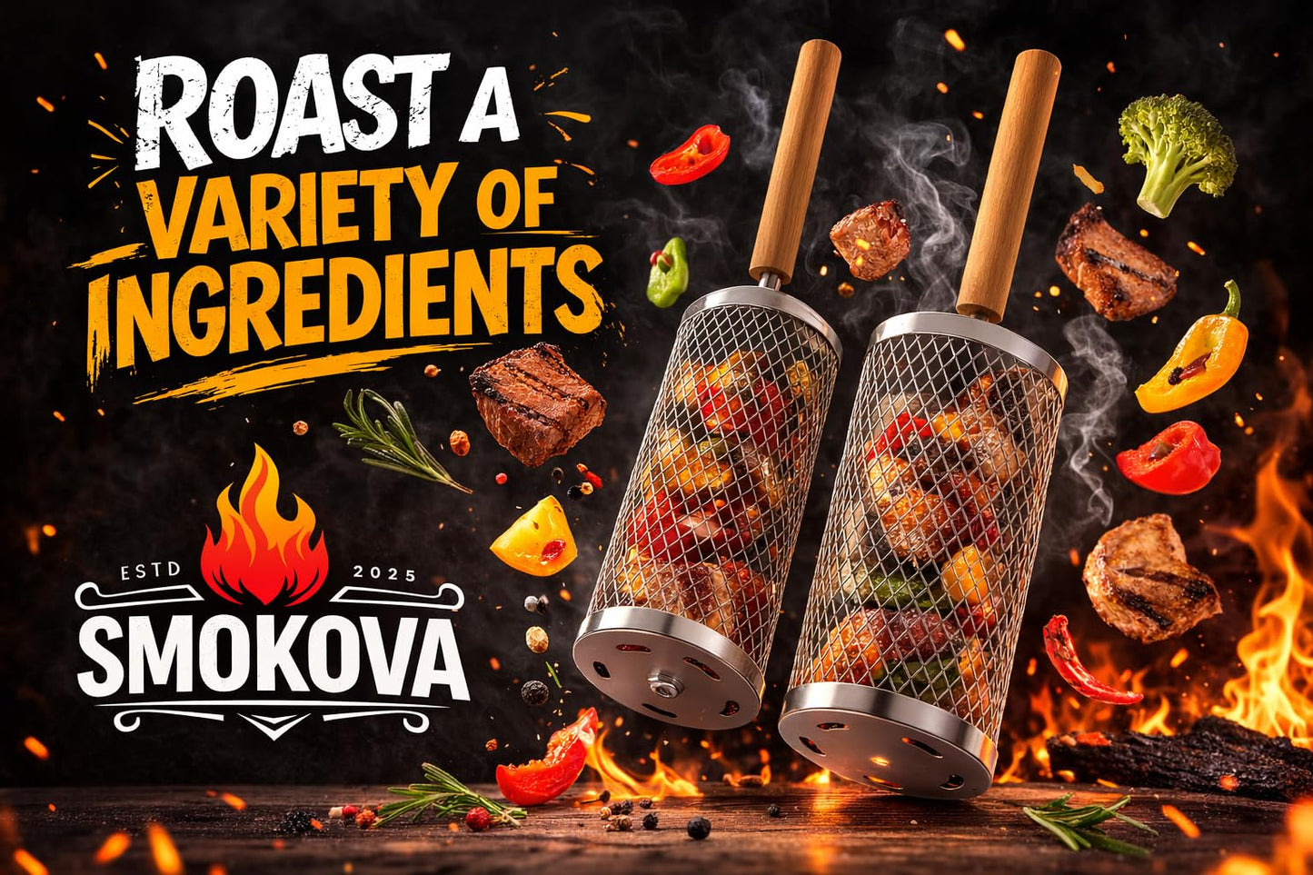 Smokova Rolling Grill Basket for Veggies (2 PCS) | 304 Stainless Steel Grill Baskets for Outdoor Grill with Removable Wooden Handle | BBQ Baskets for Grilling | Vegetable Grill Basket