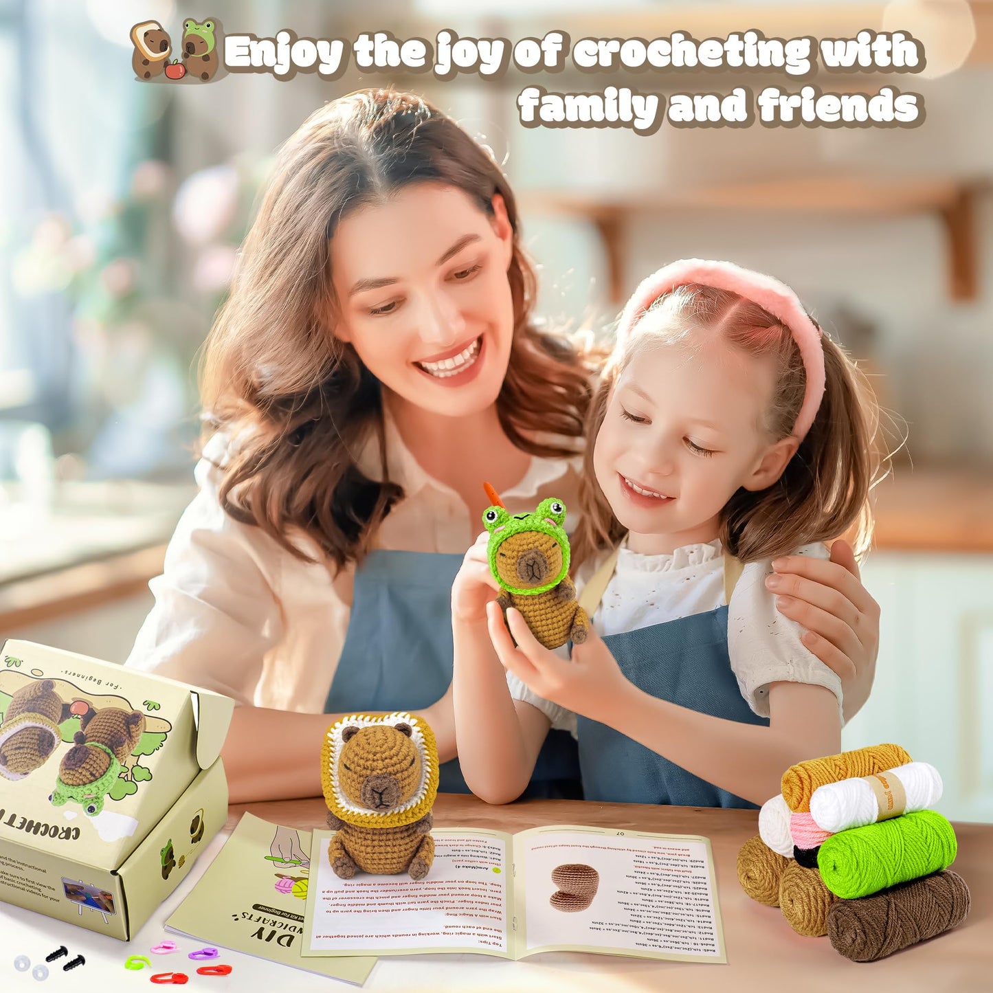 Capybara Crochet Kit for Beginners, 2PCS Capybara with Frog and Bread Hats Crochet Animal Kit with Step-by-Step Video Tutorials, Starters Crocheting Kits for Adult, Animals Knitting Kit for Birthday
