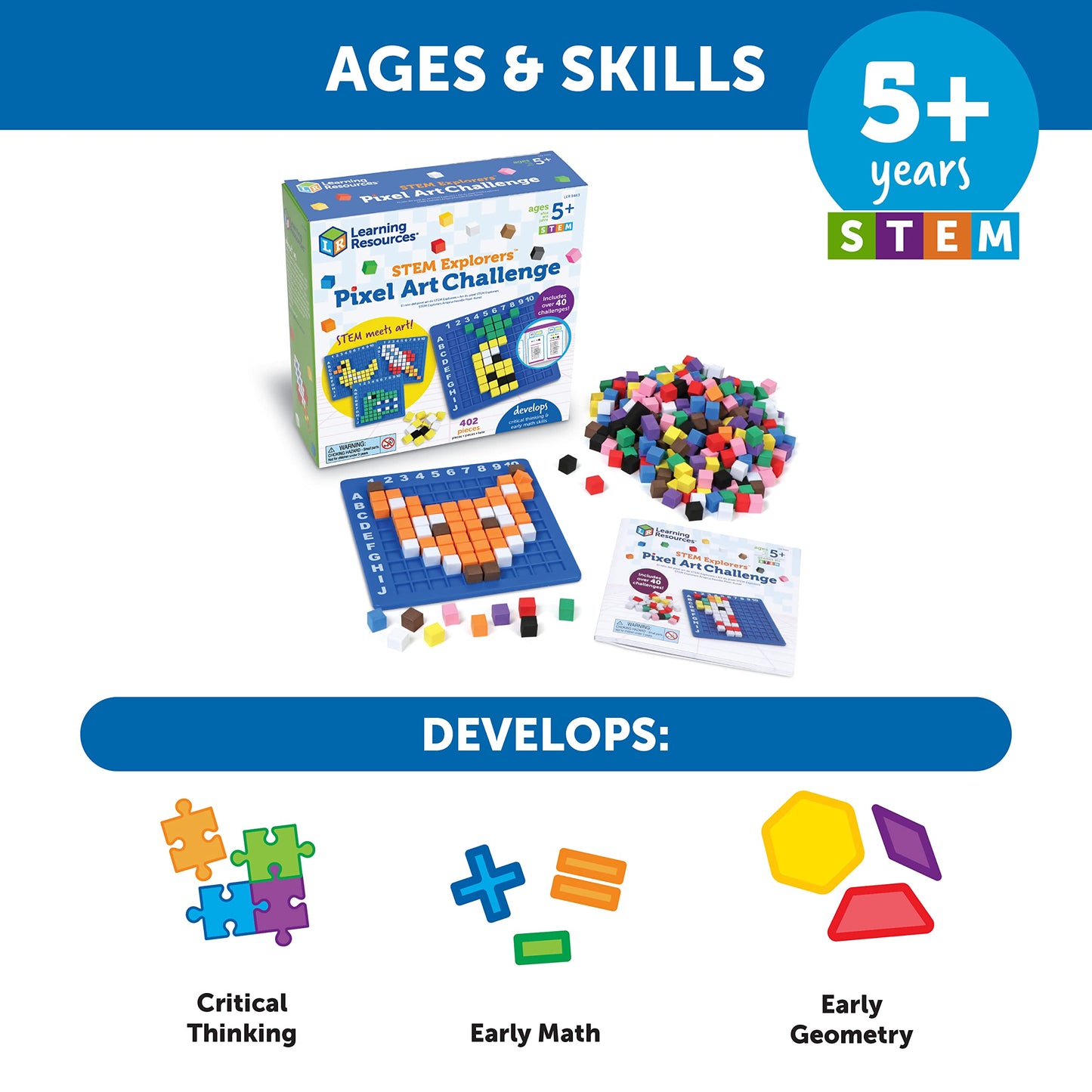 Learning Resources STEM Explorers Pixel Art Challenge - Science Kits & STEM Activities for Kids, Pattern Blocks, Fine Motor Skills, Math Manipulatives, Sorting and Counting, Gifts for Boys and Girls