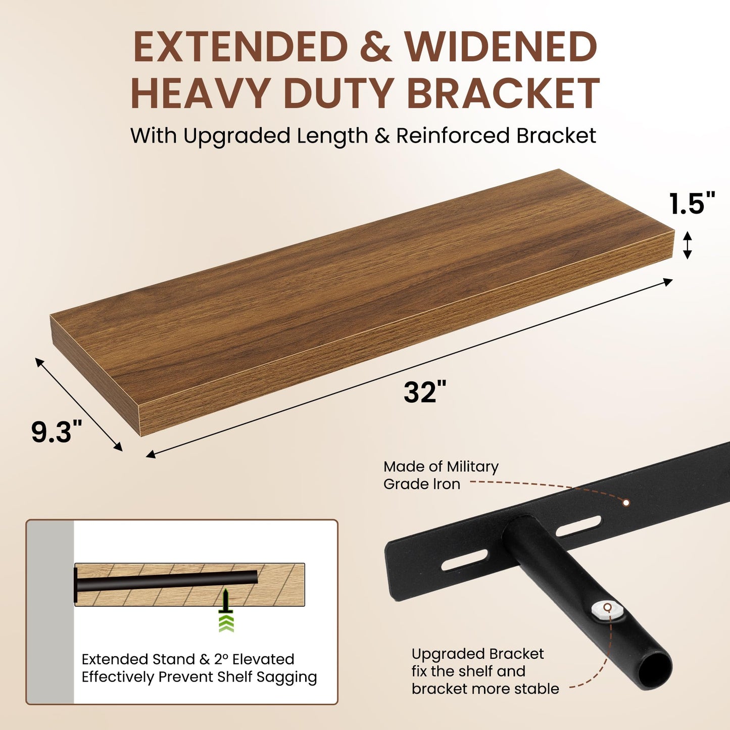 Dreamland 32 Inches Floating Shelves for Wall, 9.3" Deep Long Floating Shelves Set of 2, Large Display & Storage Shelf, Wall Shelf for Bathroom Bedroom Living Room Kitchen Office, Walnut