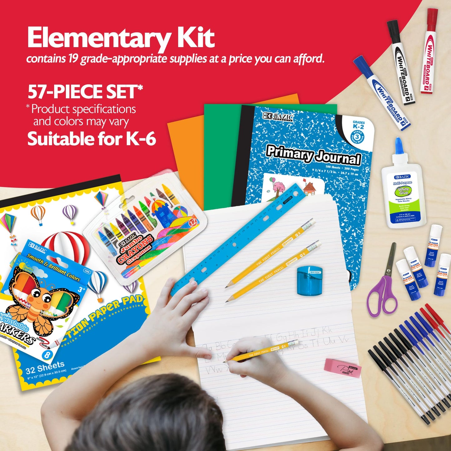 BAZIC PRODUCTS Primary School Supply Kit, 57-count Student Set for Kindergarten and Elementary Students Grades K–6, Complete School Supplies With Fully Organized Supply Box, 1-pack