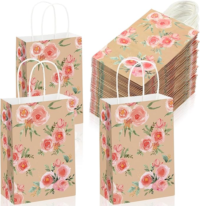 Karenhi 32 Pcs Small Floral Gift Bags with Handles Vintage Floral Paper Treat Bags Reusable Kraft Paper Tea Party Gift for Mothers Day Party Favors 8.7 x 5.9 x 3.2 In