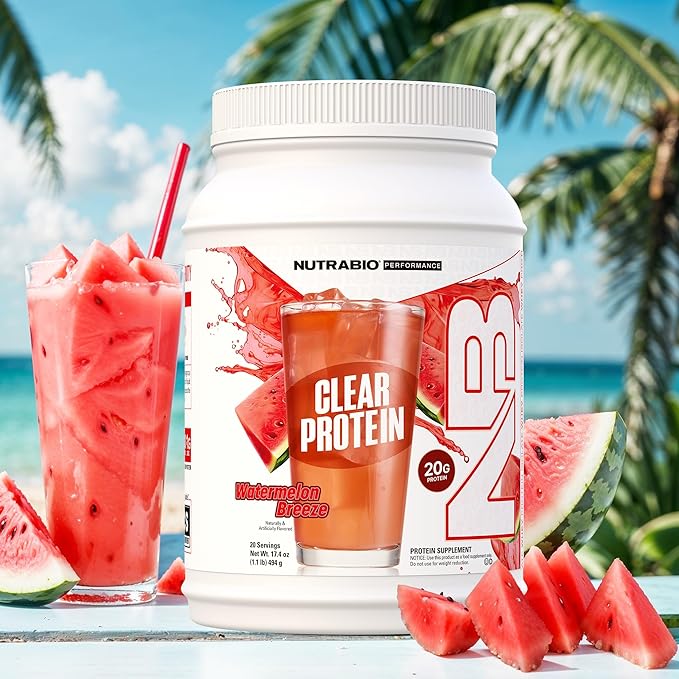 NutraBio Clear Whey Isolate Protein Powder, Delicious & Refreshing Fruit Flavors, Protein Juice, No Milky Taste, No Foam, Zero Sugar, Watermelon Breeze, 20 Servings