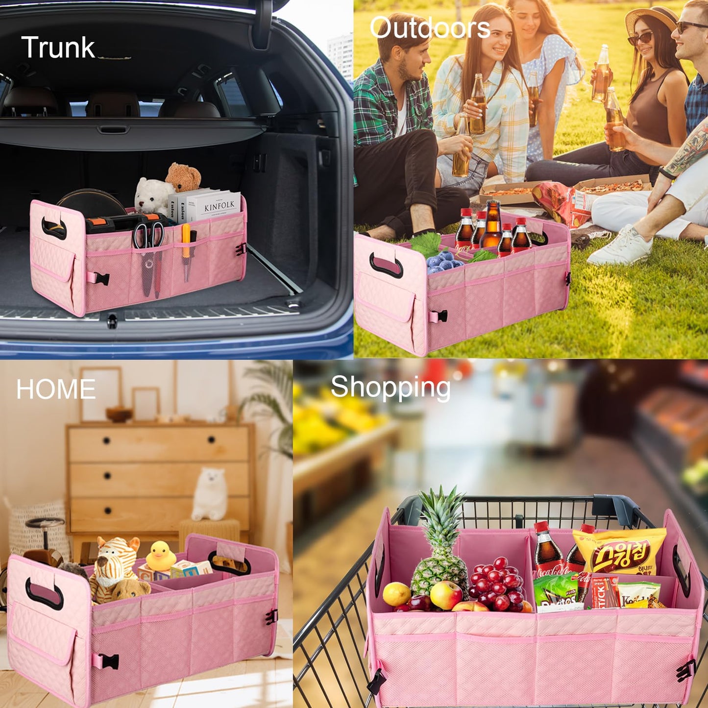 JiatuA Car Trunk Organizer for SUV, Car Storage Organizer Collapsible Multi Compartment Container Box, Adjustable Car Accessories for Women/Men, Pink