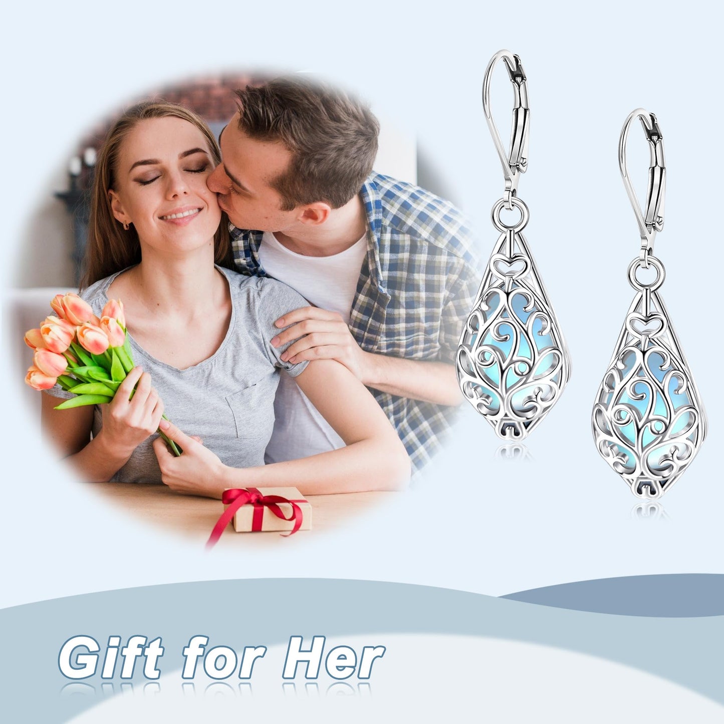 HELORET Moonstone Earrings for Women Filigree Irish Celtic Teardrop Leverback Dangle Earrings for Women