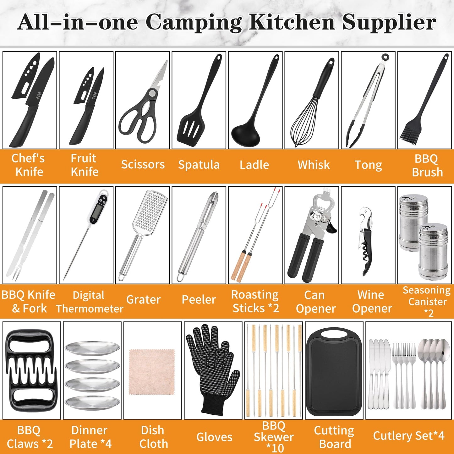Camping Essentials Cookware Cooking Utensils Set - Portable Camp Kitchen Mess Kit Outdoor Accessories, Stainless Steel & Silicone, Camping Gear Equipment for RV Picnic Grill,Brown Pro
