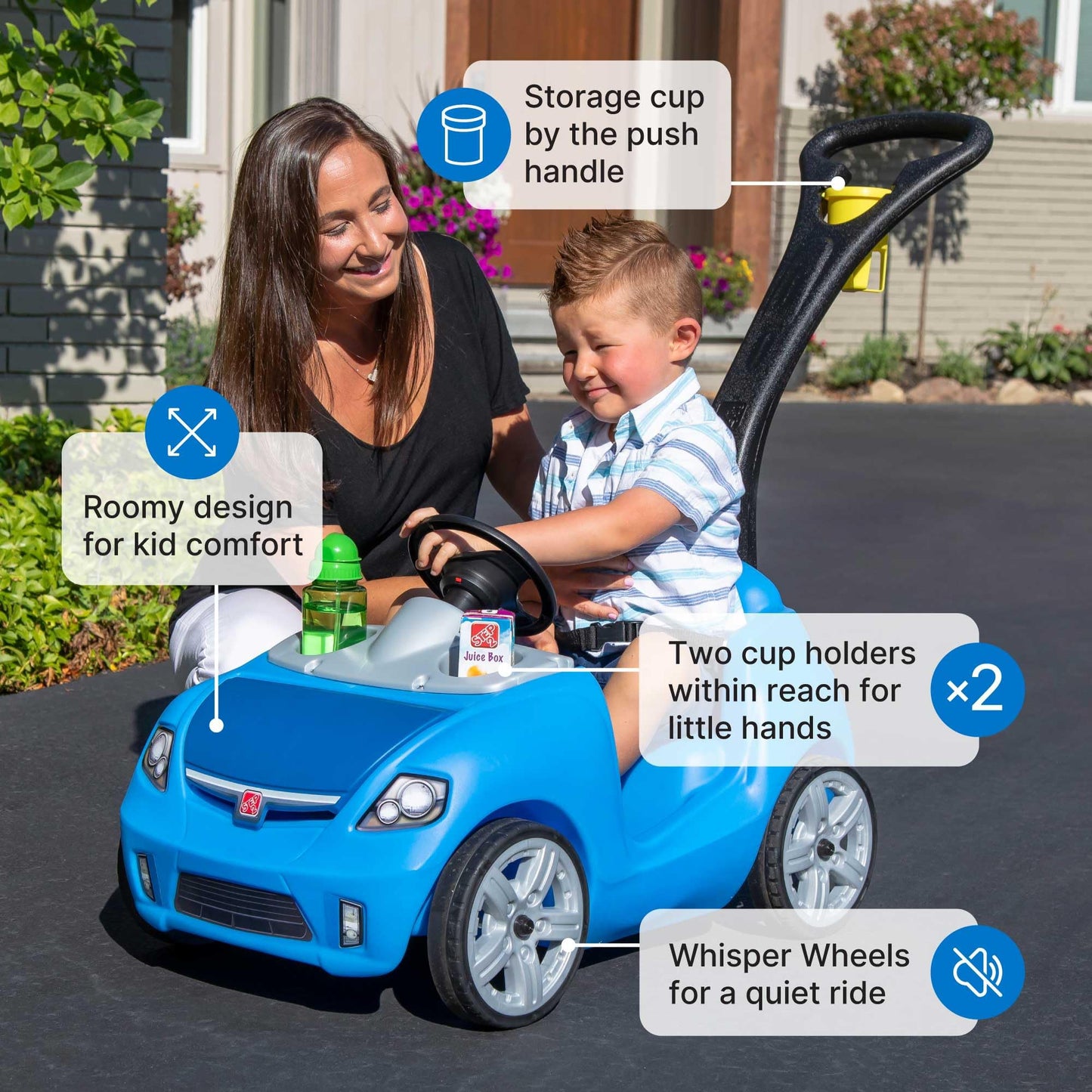 Step2 Whisper Ride II Kids Push Car, Ride-On Car with Seat Belt and Horn, Toddlers and Preschoolers Ages 18 Months–4 Years, Max Weight 50 lbs., Quick Fold Handle, Stroller Alternative, Blue