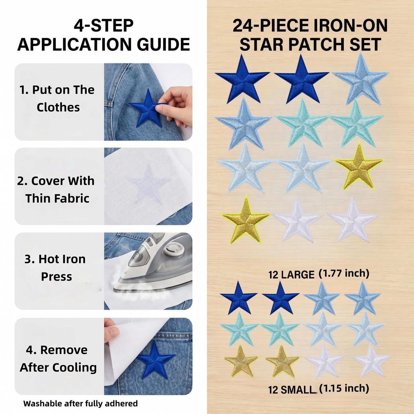 104 Pcs Self Adhesive Chenille Letters & 24 Iron On Stars Kit – Blue Ombre Varsity Letter Patches for Clothes, Backpacks, Hats, DIY Crafts (2.17", Navy/Sky/Light Blue/White)