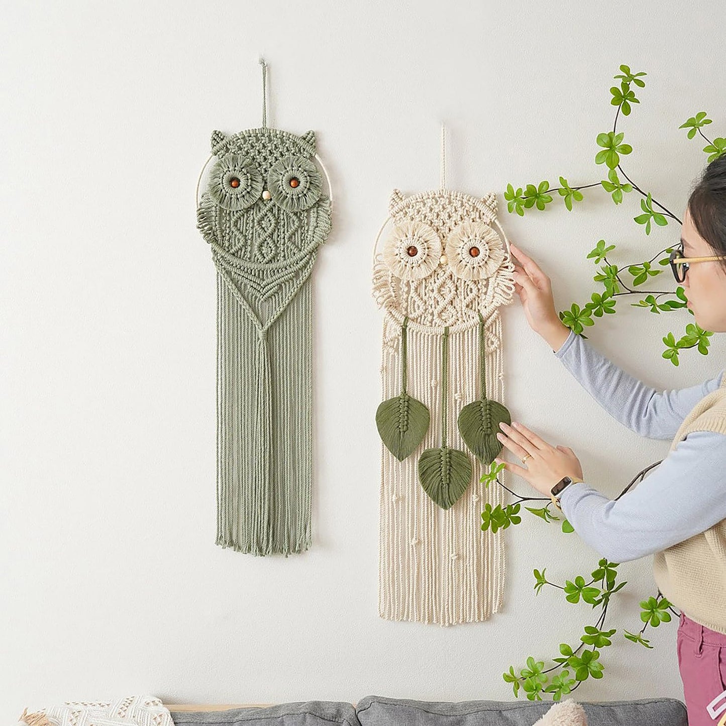 Tissting Cotton Macrame Owl Wall Art - Hand-Woven Boho Decor for Bedroom, Living Room Nursery with Easy Hanging, Housewarming Gift
