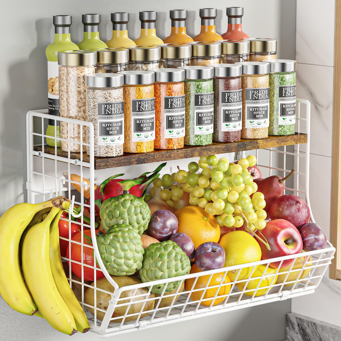 Magnetic Shelf for Fridge with Wood Lid, Fruit Potato and Onion Storage Bins, Pantry Organizers and Storage, Strong Magnetic Spice Rack for Refrigerator, Kitchen Counter and Laundry Room (X-Large)