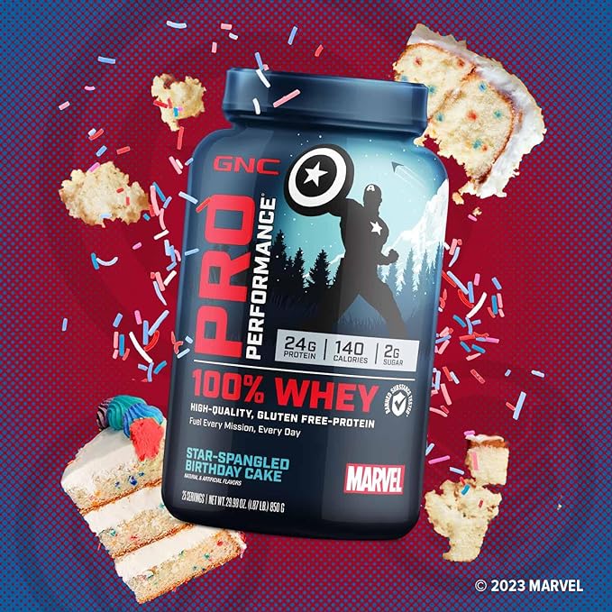GNC Pro Performance 100% Whey Protein Powder | Supports Healthy Metabolism and Lean Muscle Recovery | Marvel: Star-Spangled Birthday Cake | 25 Servings
