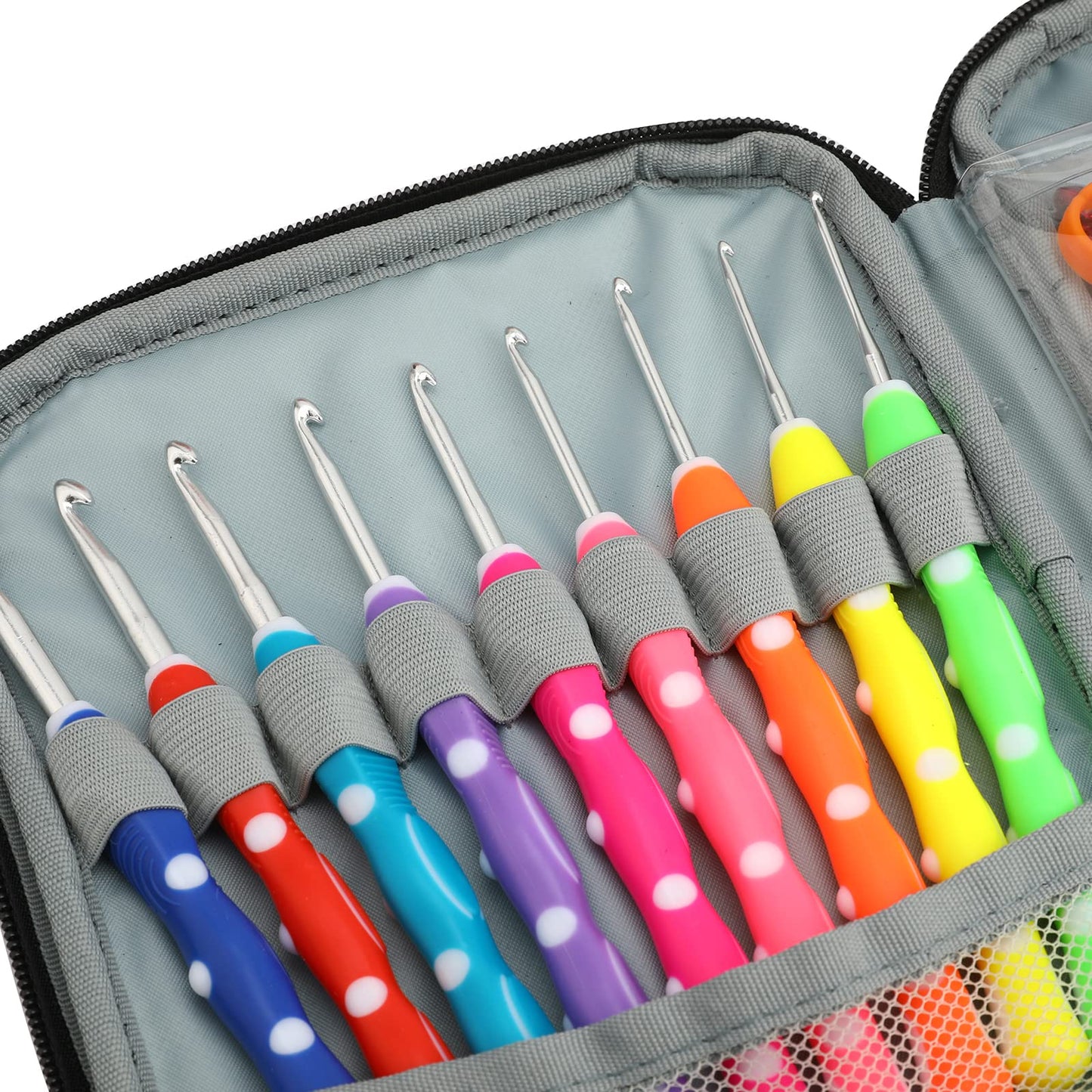 LOOEN Crochet Hooks Set-Yarn Needles Coloured Aluminum with Storage Case Rubbery Handle Ergonomic Comfort Grip DIY Craft Handmake Kit 64pcs
